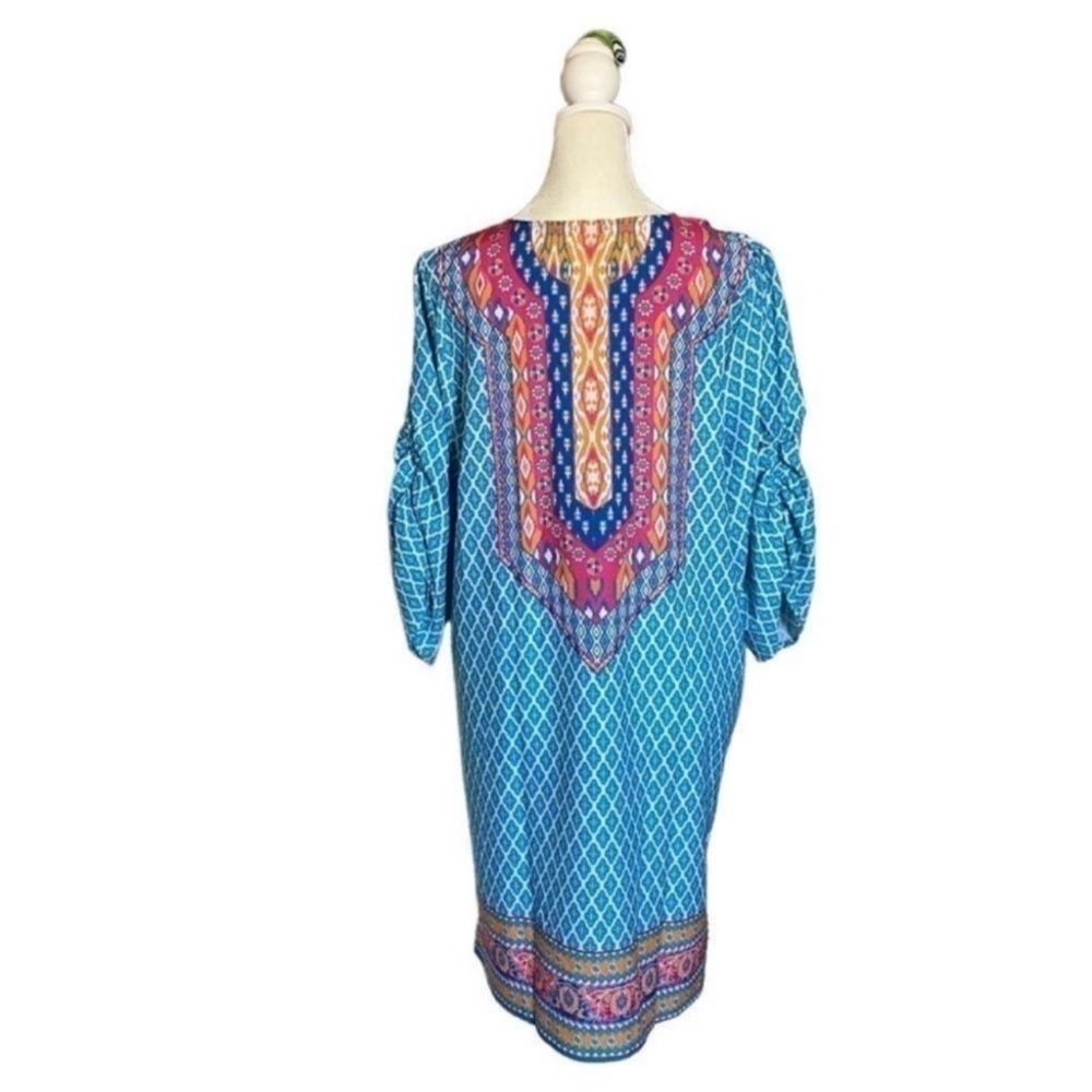 Urban Coco Blue Multicolor Ruche Sleeve Swim Coverup Dress with Tassels Medium - Picture 4 of 14